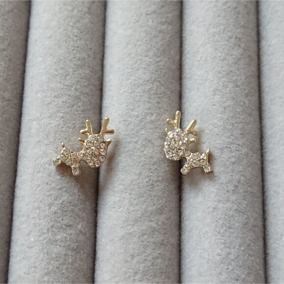 Cute reindeer Cubic Zirconia Stud Earrings - Gold tone - Picture 1 of 5